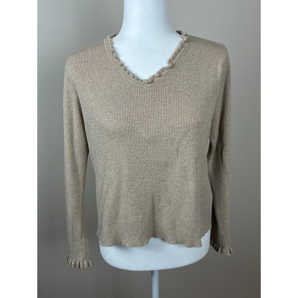 Liz Claiborne LizSport Vintage Gold Metallic V Neck Sweater Size Petite ‎ (Q11)